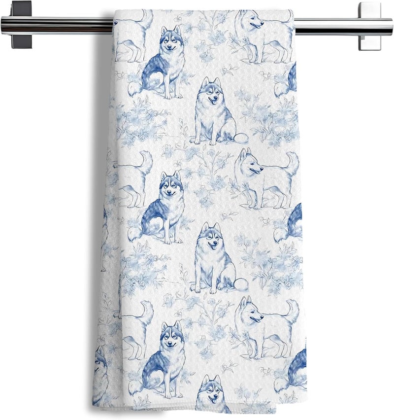 Nipil Siberian Husky Dog Gifts for Light Blue Chinoiserie Floral Decor Kitchen Towels，Blue and White Husky Dog Grandmillennial Decorative Dish Tea Towels for Bathroom,16x24 Inch - Image 1